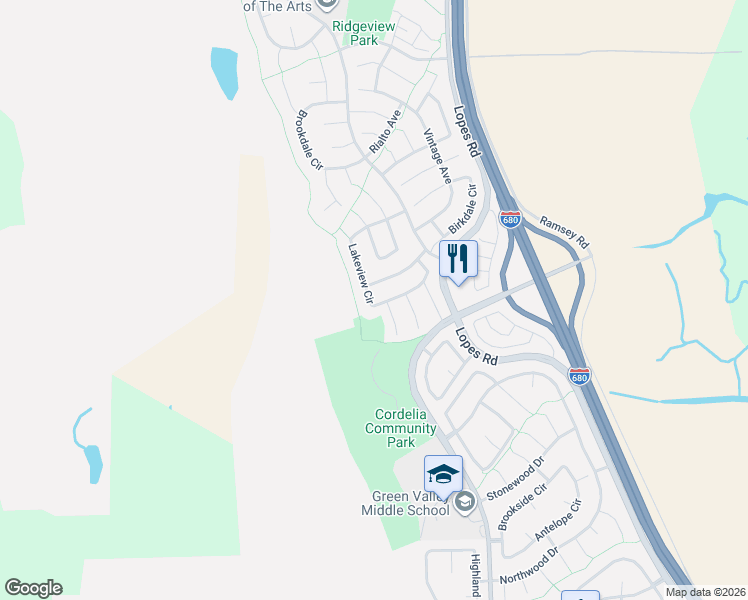 map of restaurants, bars, coffee shops, grocery stores, and more near 5068 Lakeview Circle in Fairfield