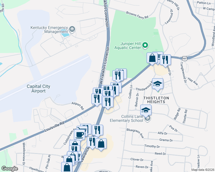 map of restaurants, bars, coffee shops, grocery stores, and more near 107 Crystal Drive in Frankfort