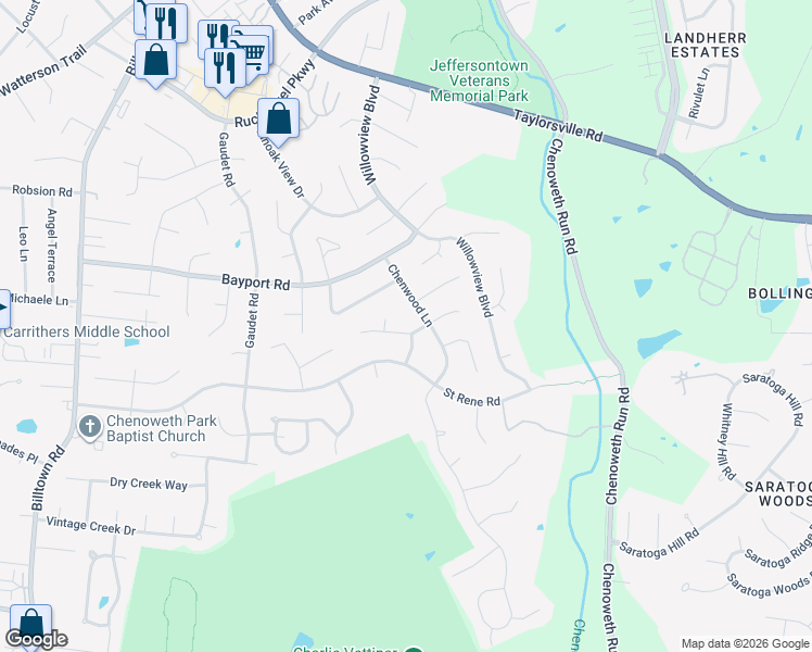 map of restaurants, bars, coffee shops, grocery stores, and more near 4203 Blackwood Court in Louisville