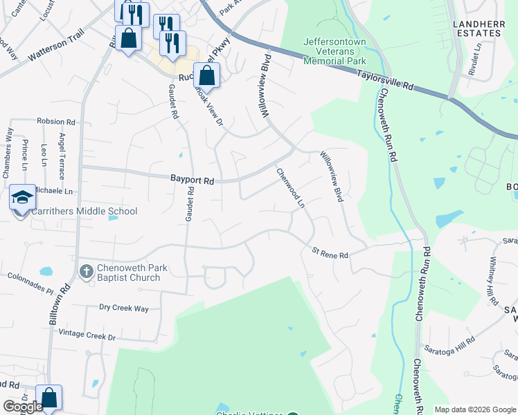 map of restaurants, bars, coffee shops, grocery stores, and more near 4302 Hickoryview Drive in Louisville