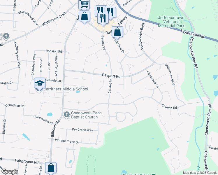 map of restaurants, bars, coffee shops, grocery stores, and more near 4308 Gaudet Road in Jeffersontown