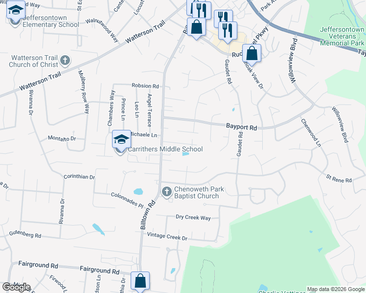 map of restaurants, bars, coffee shops, grocery stores, and more near 10115 Natalie Way in Jeffersontown