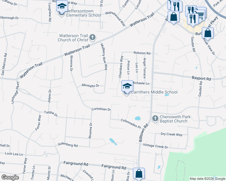map of restaurants, bars, coffee shops, grocery stores, and more near 9807 Chambers Court in Louisville