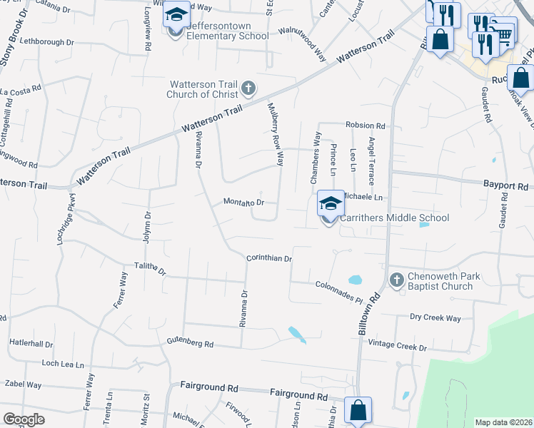 map of restaurants, bars, coffee shops, grocery stores, and more near 4024 Mulberry Row Way in Louisville