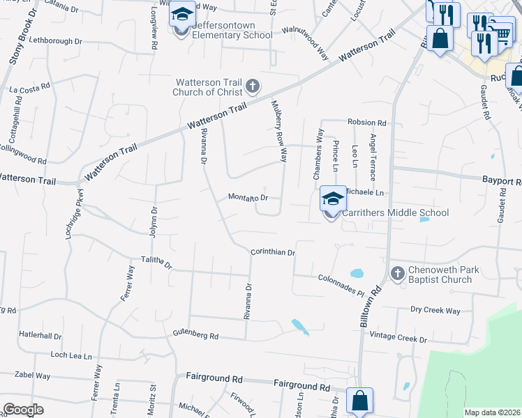 map of restaurants, bars, coffee shops, grocery stores, and more near 4049 Mulberry Row Way in Louisville