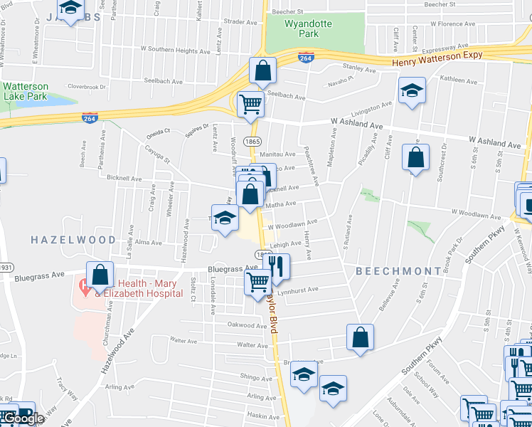 map of restaurants, bars, coffee shops, grocery stores, and more near 4125 Taylor Boulevard in Louisville