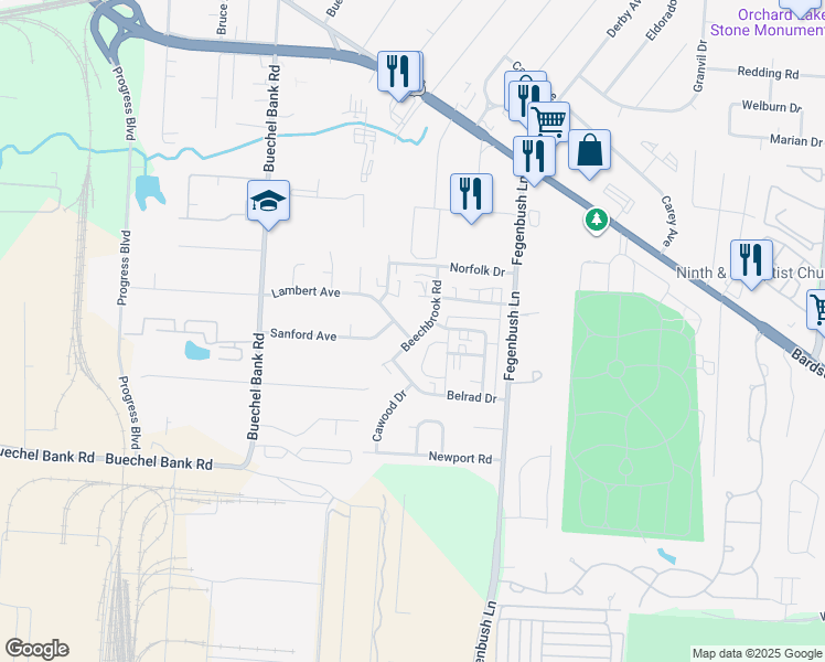map of restaurants, bars, coffee shops, grocery stores, and more near 4612 Beechbrook Road in Louisville