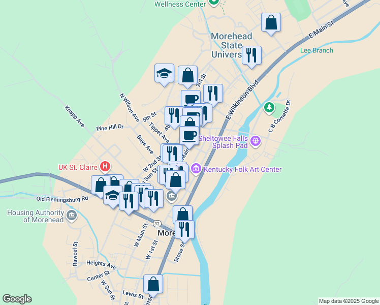 map of restaurants, bars, coffee shops, grocery stores, and more near 140 East Main Street in Morehead
