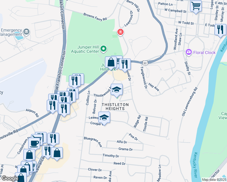 map of restaurants, bars, coffee shops, grocery stores, and more near 124 Deepwood Drive in Frankfort