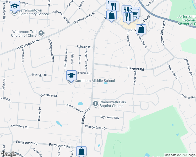 map of restaurants, bars, coffee shops, grocery stores, and more near 10103 Natalie Way in Jeffersontown