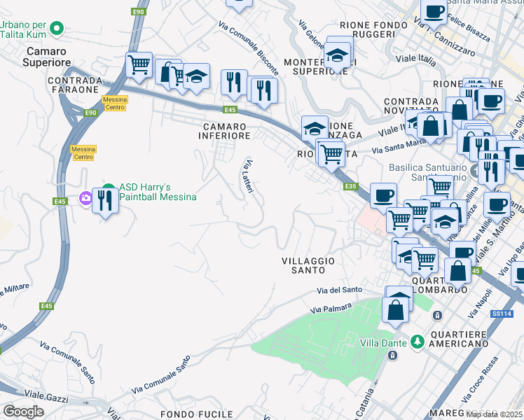 map of restaurants, bars, coffee shops, grocery stores, and more near Salita Montesanto Contrada Petrazza in Messina