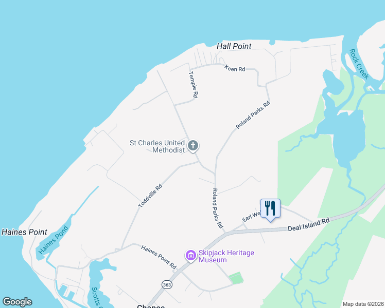 map of restaurants, bars, coffee shops, grocery stores, and more near 10884 Mahlon Price Road in Deal Island Historic District