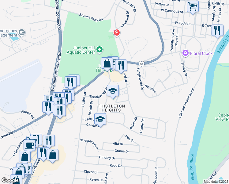 map of restaurants, bars, coffee shops, grocery stores, and more near 124 Deepwood Drive in Frankfort