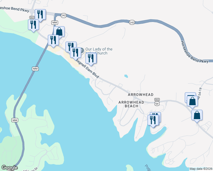 map of restaurants, bars, coffee shops, grocery stores, and more near 2620 Bagnell Dam Boulevard in Lake Ozark