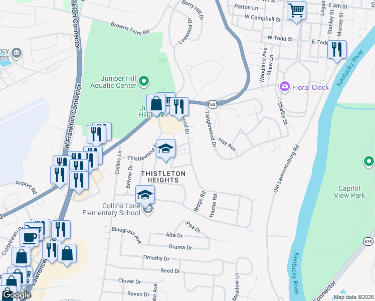 map of restaurants, bars, coffee shops, grocery stores, and more near 131 Deepwood Drive in Frankfort