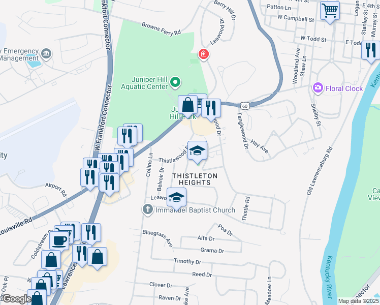 map of restaurants, bars, coffee shops, grocery stores, and more near 901 Crosshill Drive in Frankfort