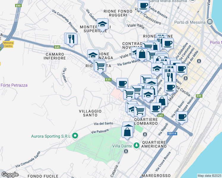 map of restaurants, bars, coffee shops, grocery stores, and more near 9 Via Oglio in Messina