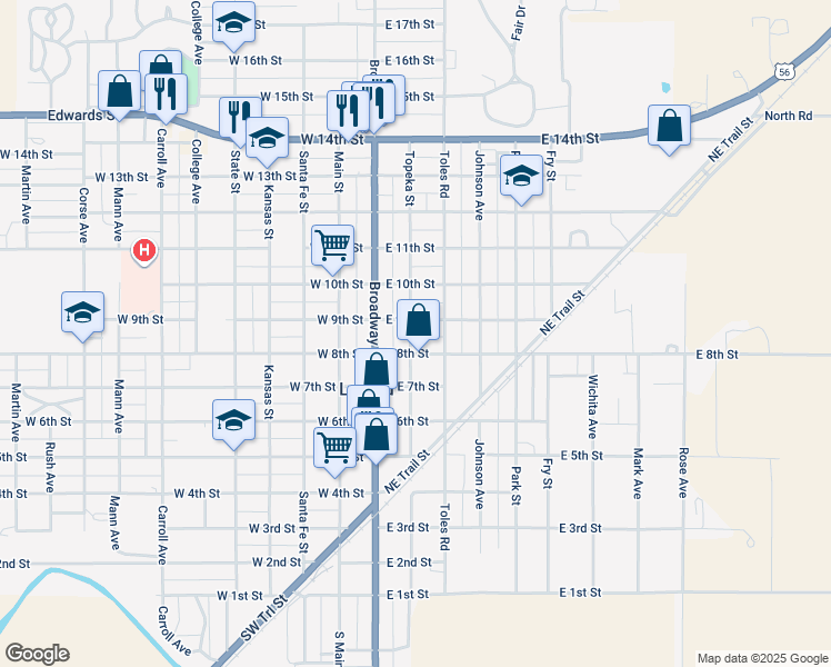 map of restaurants, bars, coffee shops, grocery stores, and more near 117-199 East 9th Street in Larned