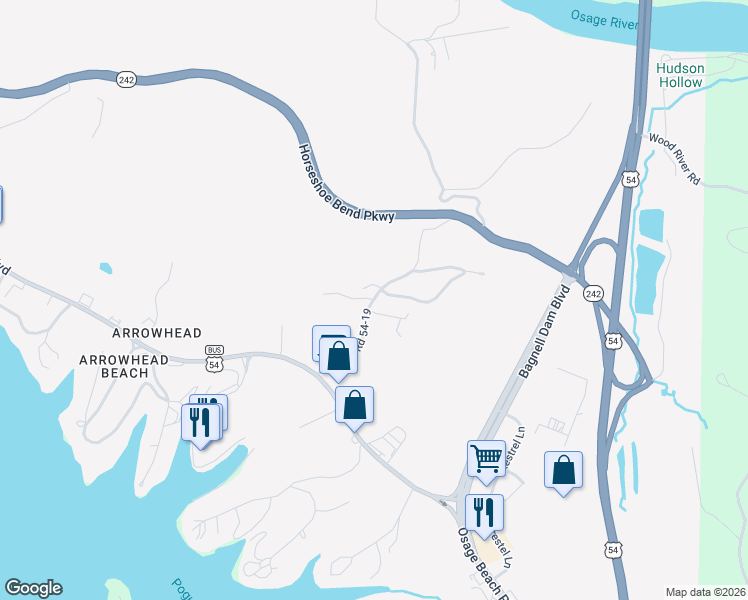 map of restaurants, bars, coffee shops, grocery stores, and more near 283 County Road 54-19 in Lake Ozark