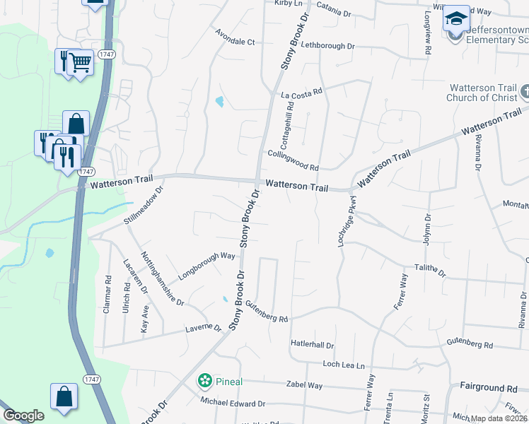 map of restaurants, bars, coffee shops, grocery stores, and more near 8604 Wayfield Court in Louisville