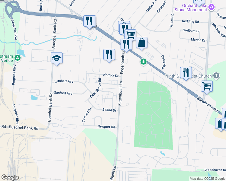 map of restaurants, bars, coffee shops, grocery stores, and more near 4409 Kranet Way in Louisville