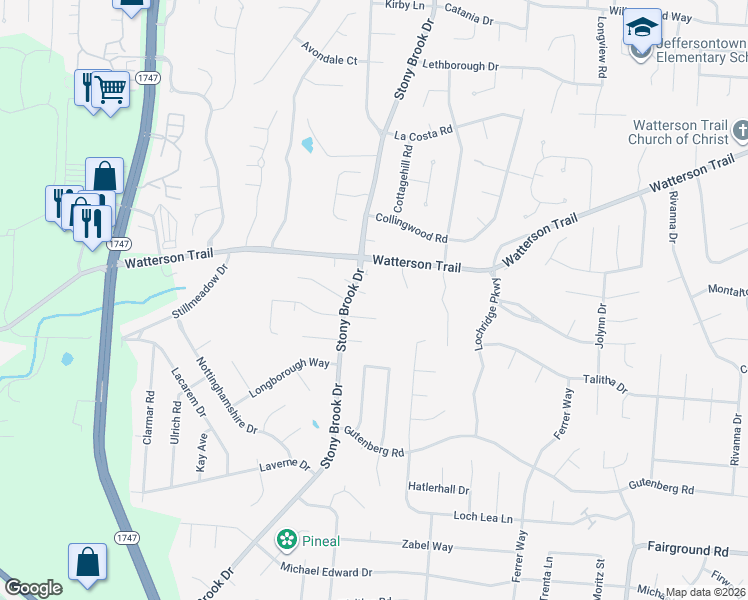 map of restaurants, bars, coffee shops, grocery stores, and more near 8604 Wayfield Court in Louisville