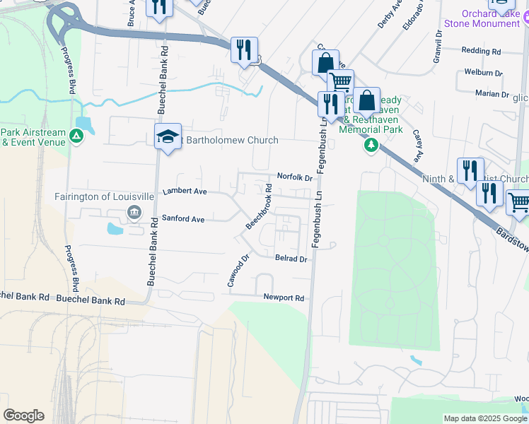 map of restaurants, bars, coffee shops, grocery stores, and more near Beechbrook Road in Louisville