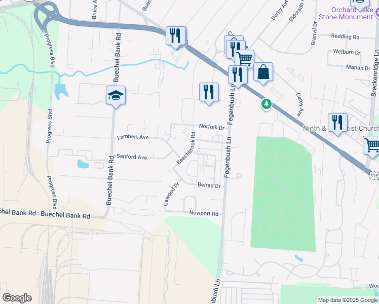 map of restaurants, bars, coffee shops, grocery stores, and more near Beechbrook Road in Louisville