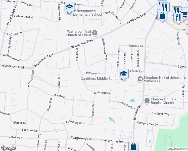 map of restaurants, bars, coffee shops, grocery stores, and more near 4049 Mulberry Row Way in Louisville
