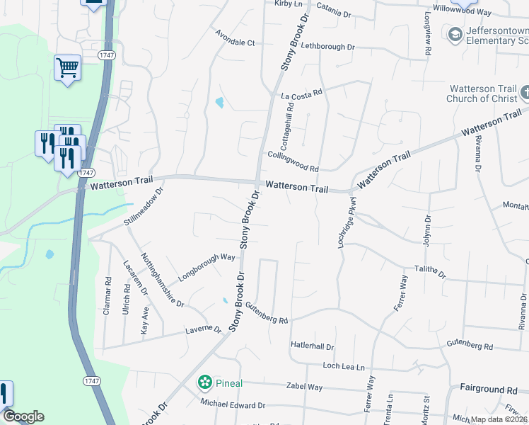 map of restaurants, bars, coffee shops, grocery stores, and more near 8604 Wayfield Court in Louisville
