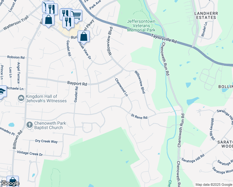 map of restaurants, bars, coffee shops, grocery stores, and more near 4203 Blackwood Court in Louisville
