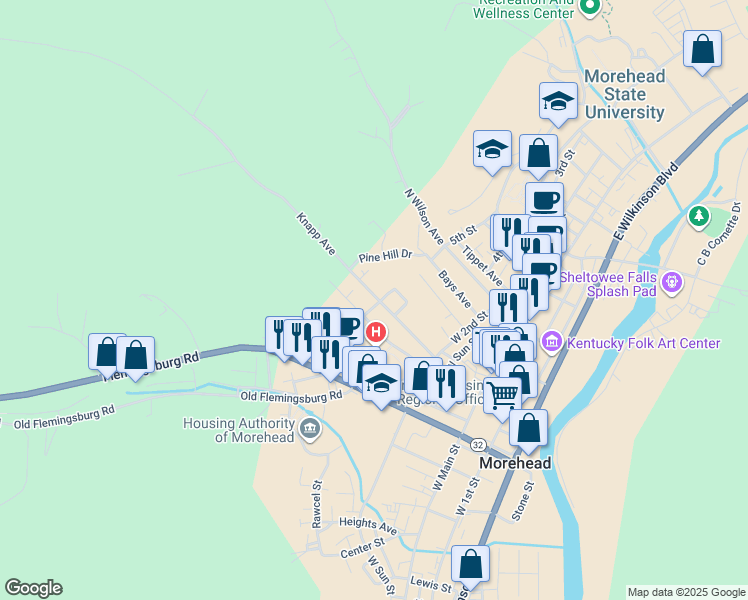 map of restaurants, bars, coffee shops, grocery stores, and more near 241 Cecil Drive in Morehead