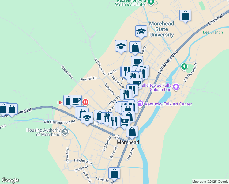 map of restaurants, bars, coffee shops, grocery stores, and more near 220 Bays Avenue in Morehead