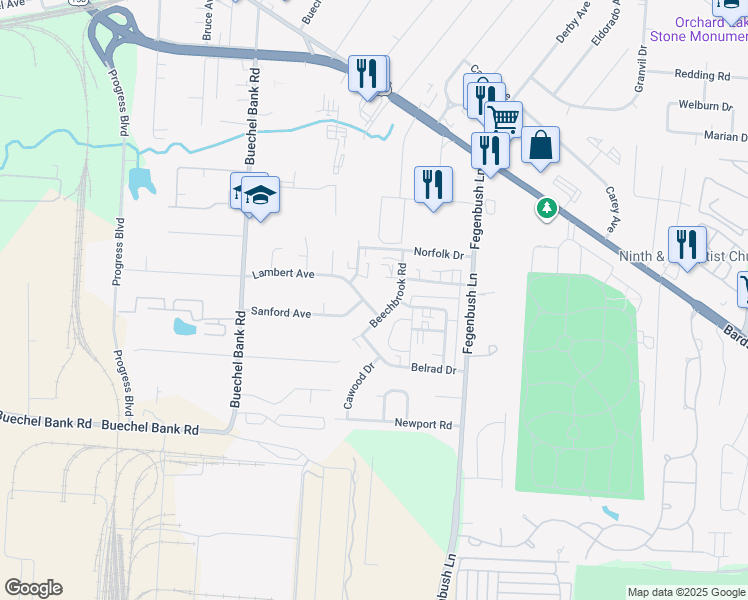 map of restaurants, bars, coffee shops, grocery stores, and more near 4227 Lambert Avenue in Louisville