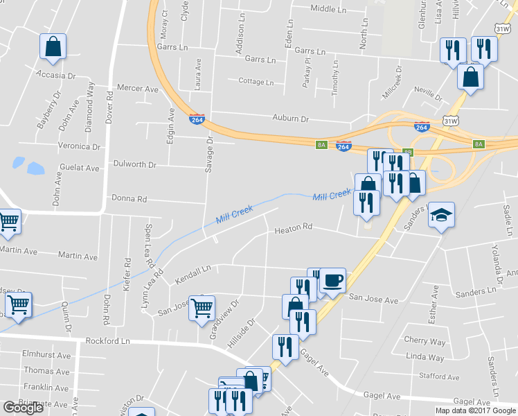 map of restaurants, bars, coffee shops, grocery stores, and more near 1901 Lynn Lea Road in Louisville