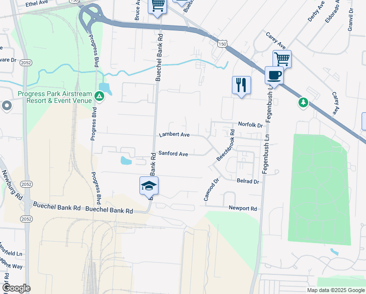 map of restaurants, bars, coffee shops, grocery stores, and more near 4117 Sanford Avenue in Louisville
