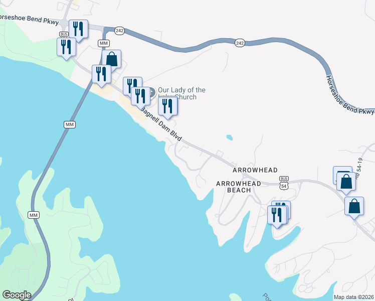 map of restaurants, bars, coffee shops, grocery stores, and more near 2620 Bagnell Dam Boulevard in Lake Ozark