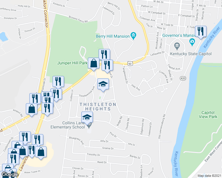 map of restaurants, bars, coffee shops, grocery stores, and more near 131 Deepwood Drive in Frankfort