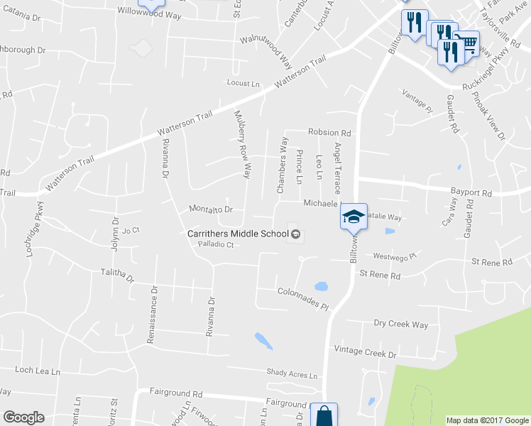 map of restaurants, bars, coffee shops, grocery stores, and more near 9807 Chambers Court in Louisville