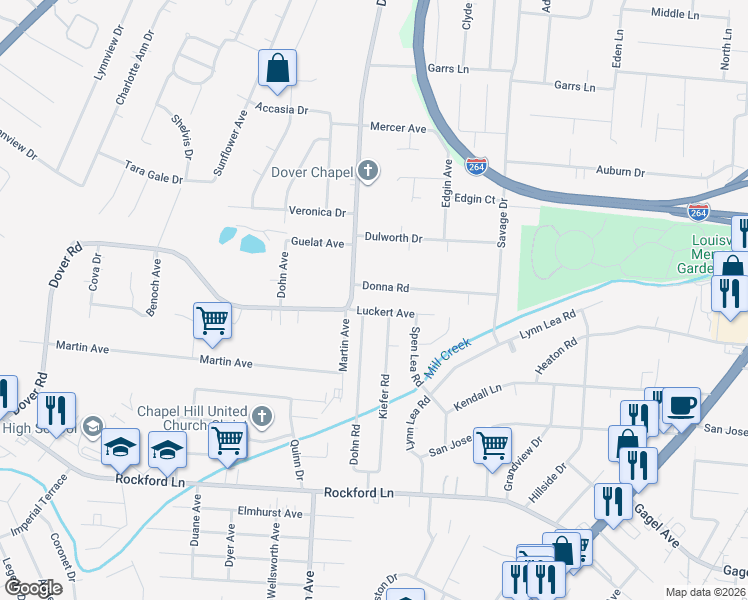 map of restaurants, bars, coffee shops, grocery stores, and more near 4419 Dover Road in Louisville