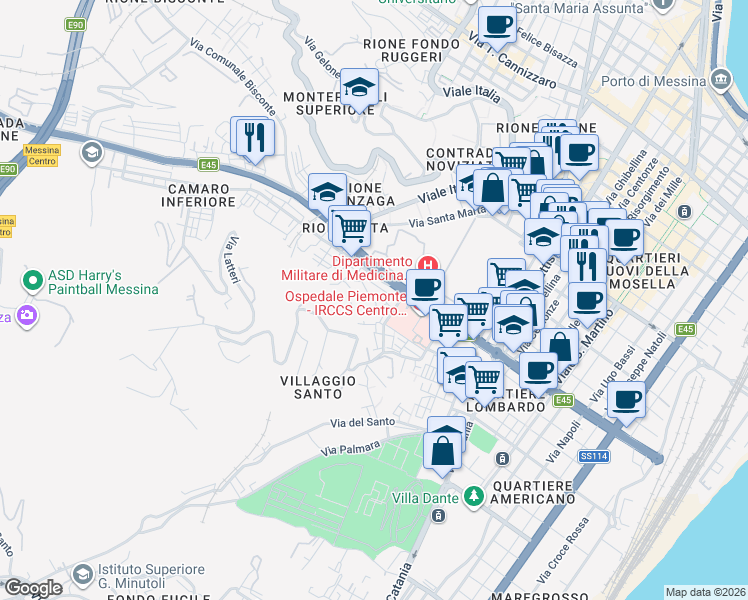 map of restaurants, bars, coffee shops, grocery stores, and more near 9 Via Oglio in Messina
