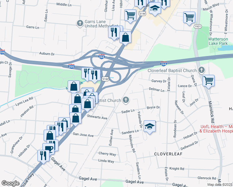 map of restaurants, bars, coffee shops, grocery stores, and more near 1700 Sanders Lane in Louisville