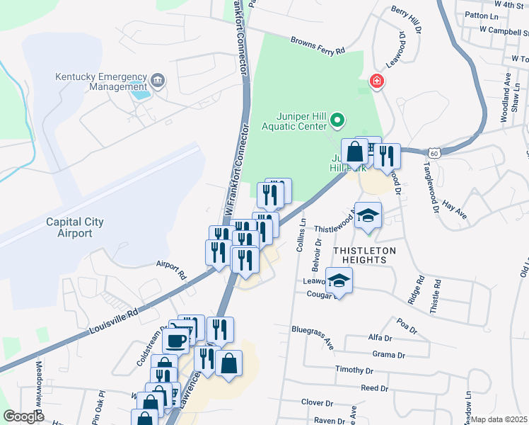map of restaurants, bars, coffee shops, grocery stores, and more near 938 Louisville Road in Frankfort