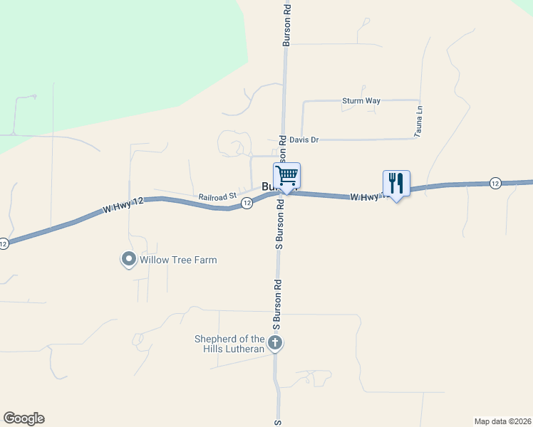 map of restaurants, bars, coffee shops, grocery stores, and more near 3202 Burson Road in Burson