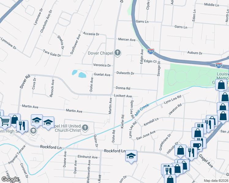 map of restaurants, bars, coffee shops, grocery stores, and more near 4419 Dover Road in Louisville