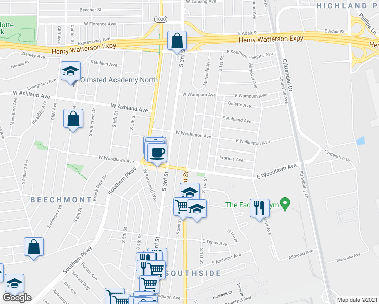 map of restaurants, bars, coffee shops, grocery stores, and more near 4600 South 2nd Street in Louisville