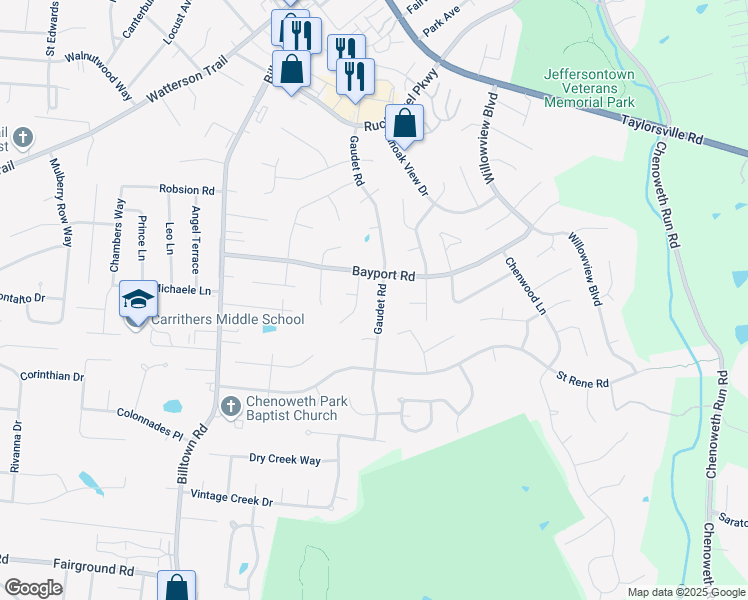 map of restaurants, bars, coffee shops, grocery stores, and more near 4308 Gaudet Road in Jeffersontown