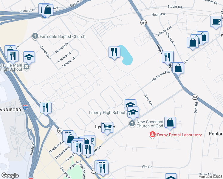 map of restaurants, bars, coffee shops, grocery stores, and more near 4822 Redstart Road in Louisville