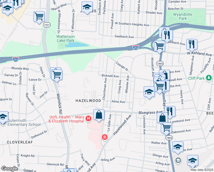 map of restaurants, bars, coffee shops, grocery stores, and more near 4125 Churchman Avenue in Louisville