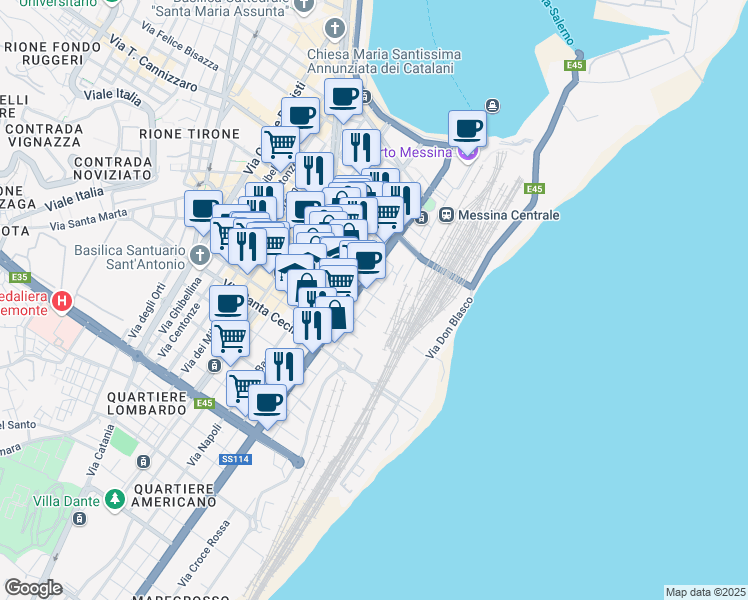 map of restaurants, bars, coffee shops, grocery stores, and more near 130 Via Industriale in Messina